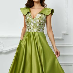 Rochie Moze verde lime cu broderie florala pe bust