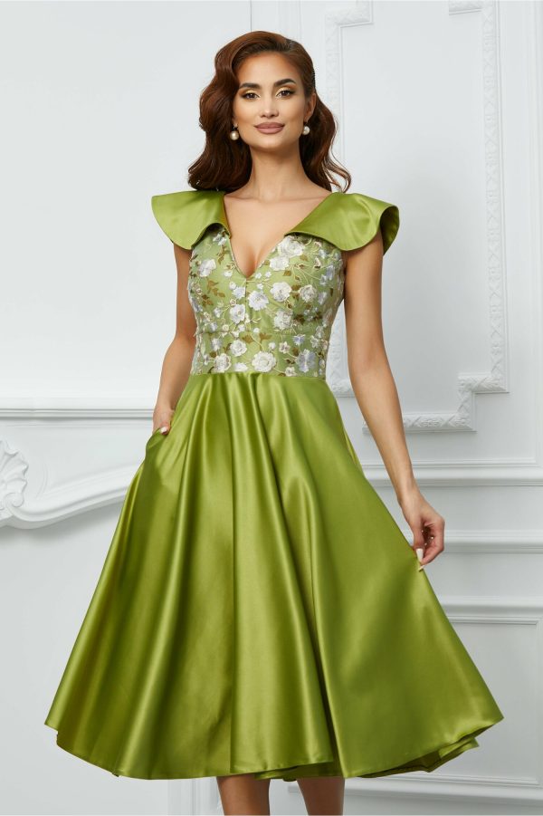 Rochie Moze verde lime cu broderie florala pe bust
