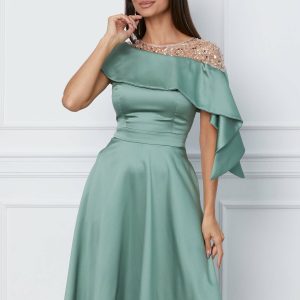 Rochie Moze verde mint cu paiete aurii si volan la bust