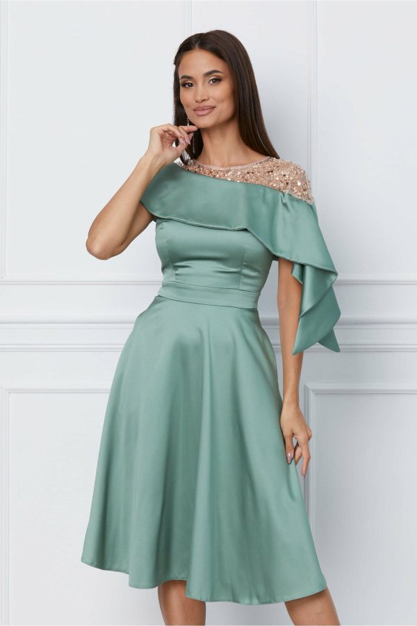 Rochie Moze verde mint cu paiete aurii si volan la bust