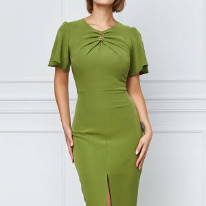 Rochie Moze verde olive cu pliuri si accesoriu la bust