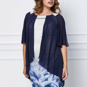 Rochie Natalia alb-bleumarin in degrade cu capa din voal
