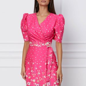 Rochie Natalia fucsia cu imprimeuri florale