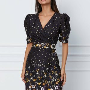 Rochie Natalia neagra cu imprimeuri florale