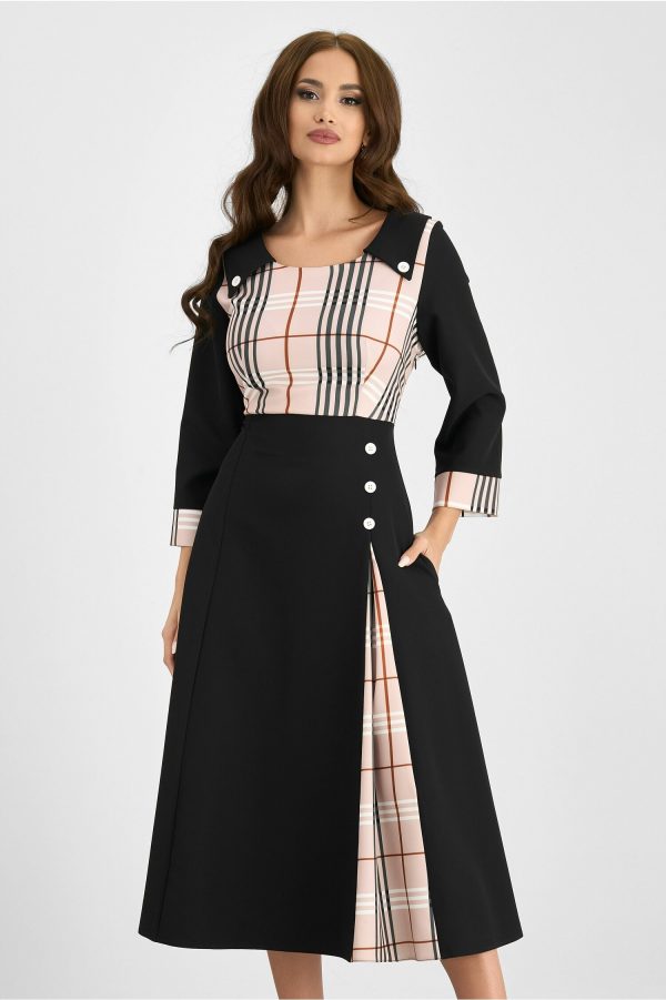 Rochie Nicoleta neagra cu carouri beige