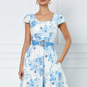 Rochie Nicolle alba cu imprimeuri albastre