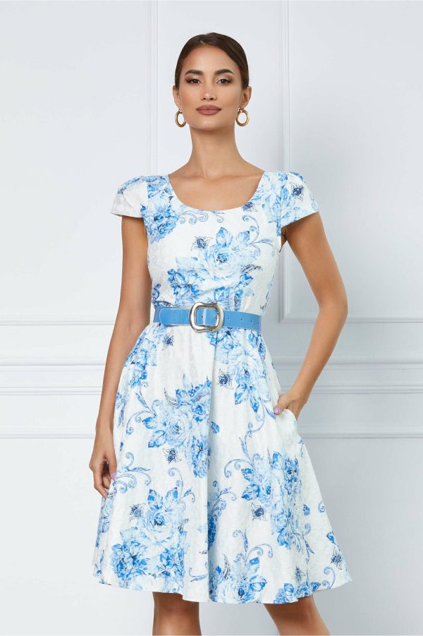 Rochie Nicolle alba cu imprimeuri albastre