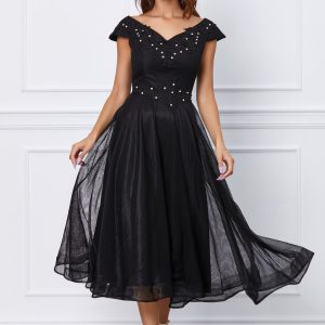 Rochie Nicolle neagra cu perlute si strasuri