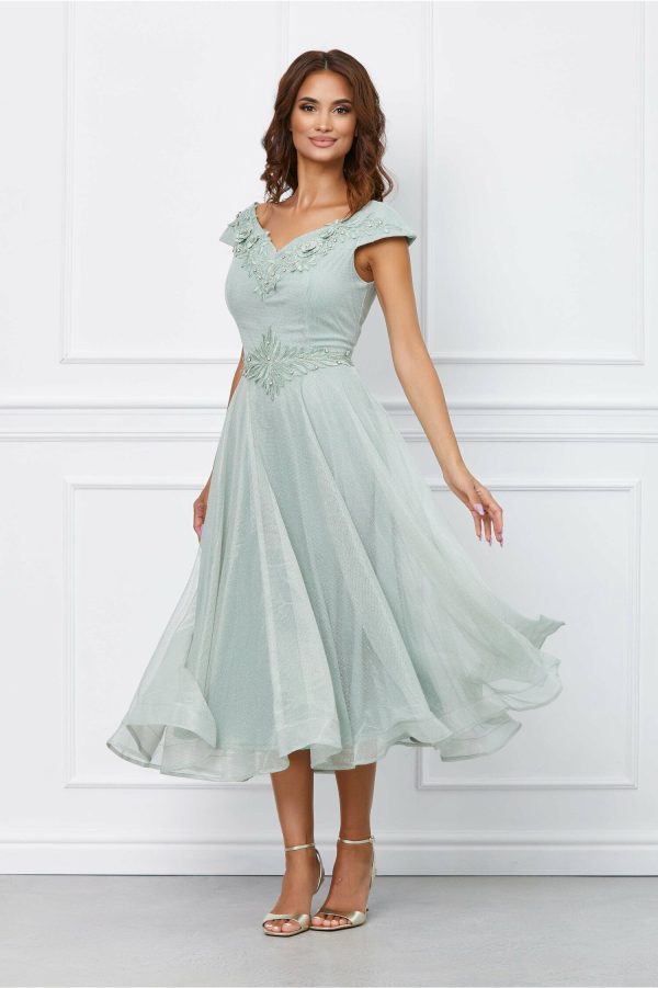 Rochie Nicolle verde mint cu perlute si strasuri