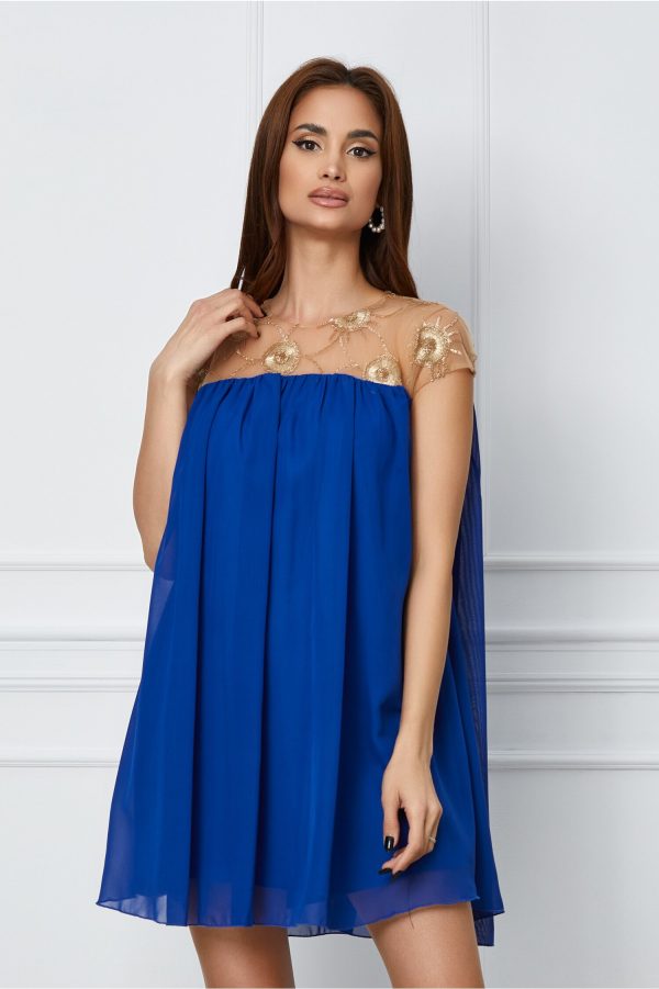 Rochie Nousha albastra cu tulle brodat la bust
