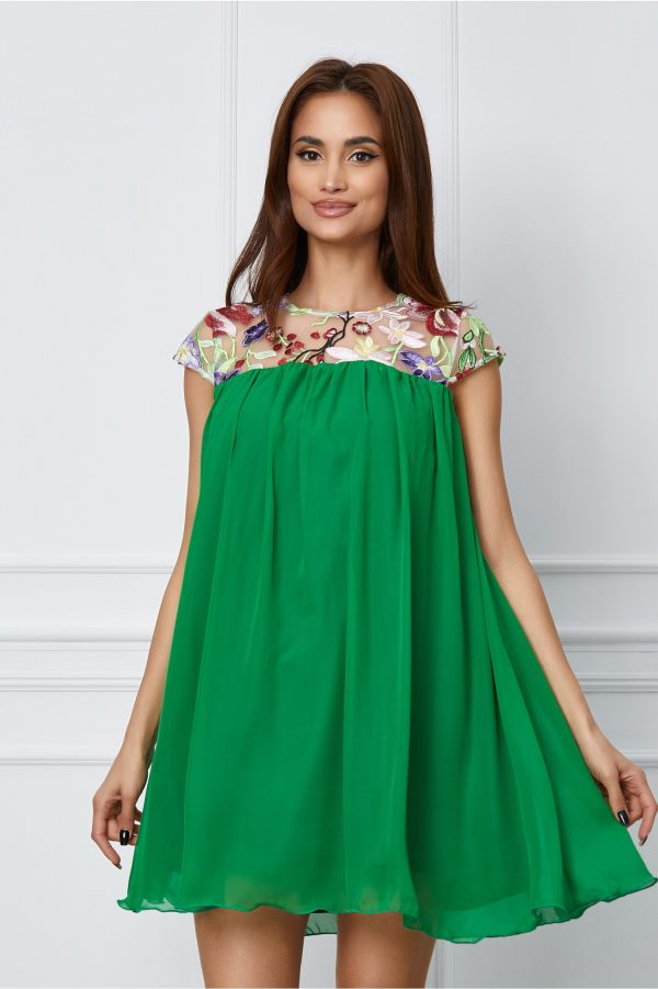 Rochie Nousha verde cu tulle brodat la bust