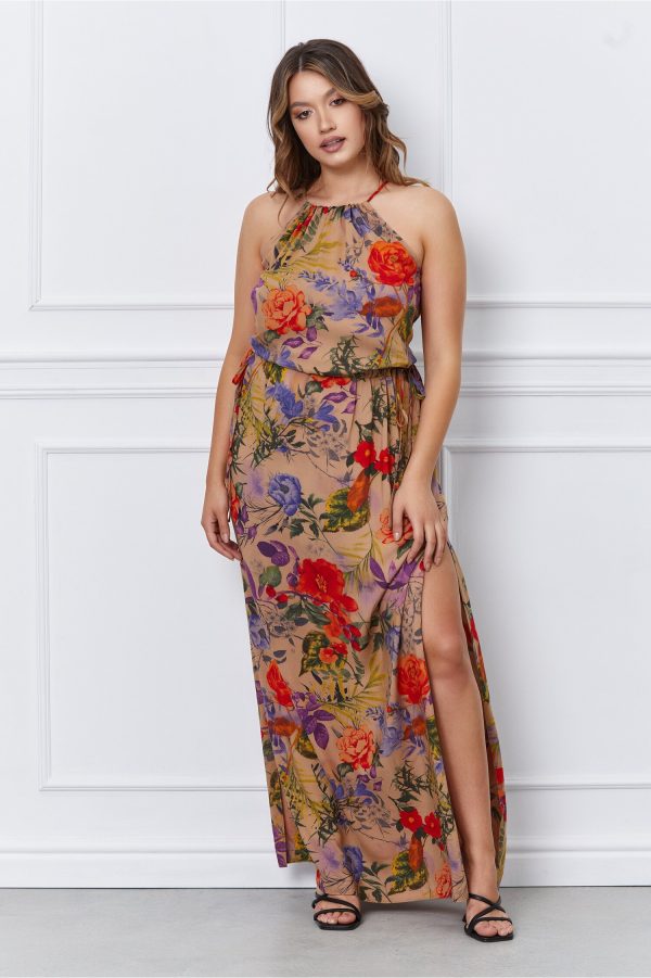 Rochie Oana beige cu imprimeu floral orange-mov
