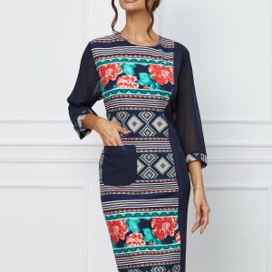 Rochie Olga bleumarin cu imprimeu colorat si strasuri