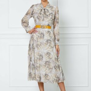 Rochie Olivia beige cu imprimeu galben si buline