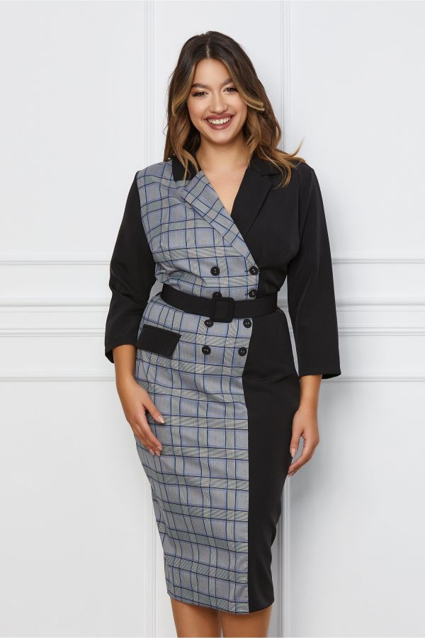 Rochie Paula neagra cu carouri si curea in talie