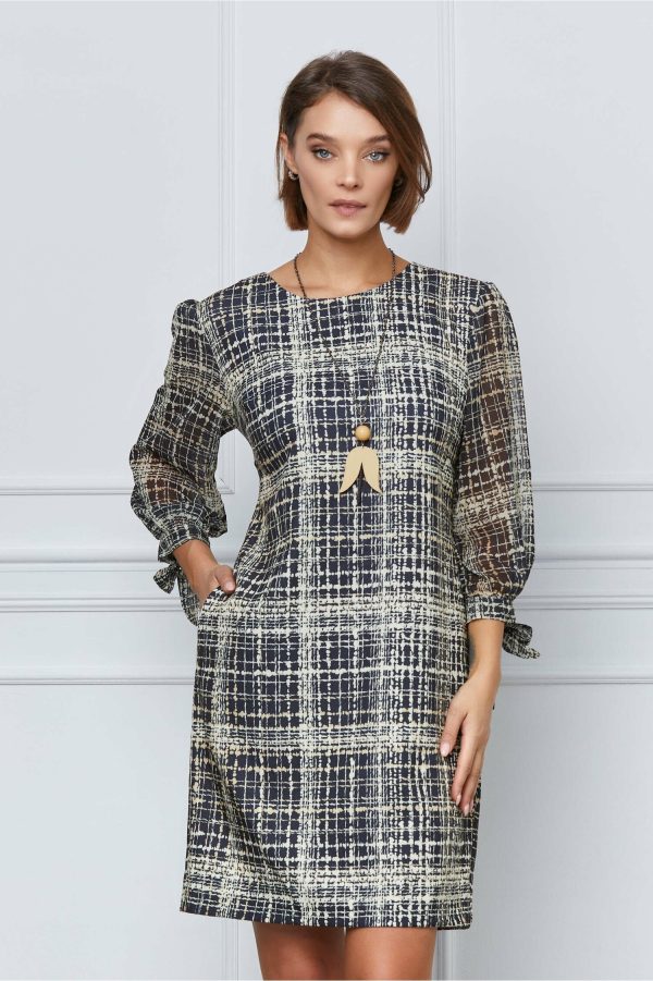 Rochie Ramona neagra cu carouri bej si maneci din voal