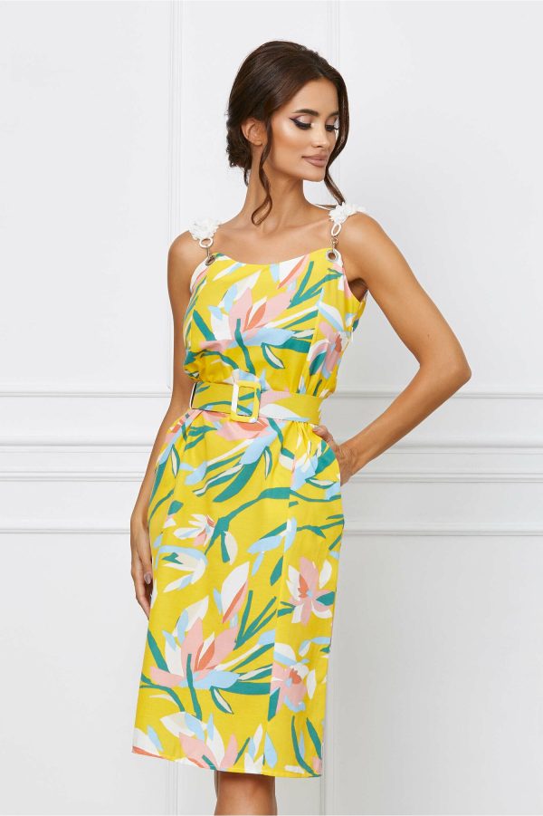 Rochie Ranya galbena cu imprimeu floral si curea in talie