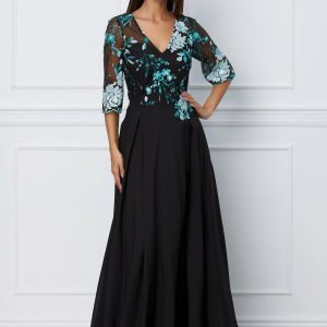 Rochie Romina lunga neagra cu paiete turcoaz la bust