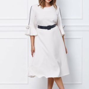 Rochie Roxana ivoire cu maneci clopot si curea in talie