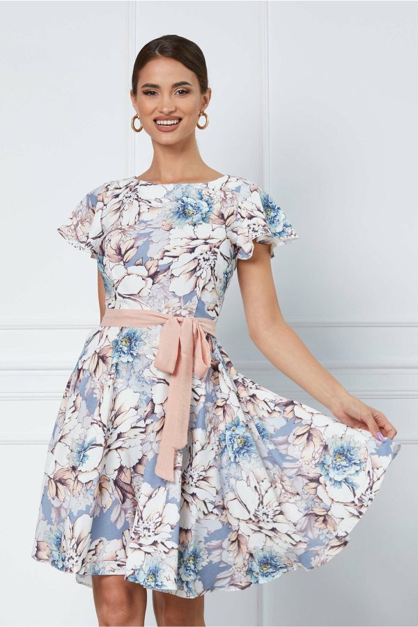 Rochie Sabrina bleu cu imprimeuri florale bej