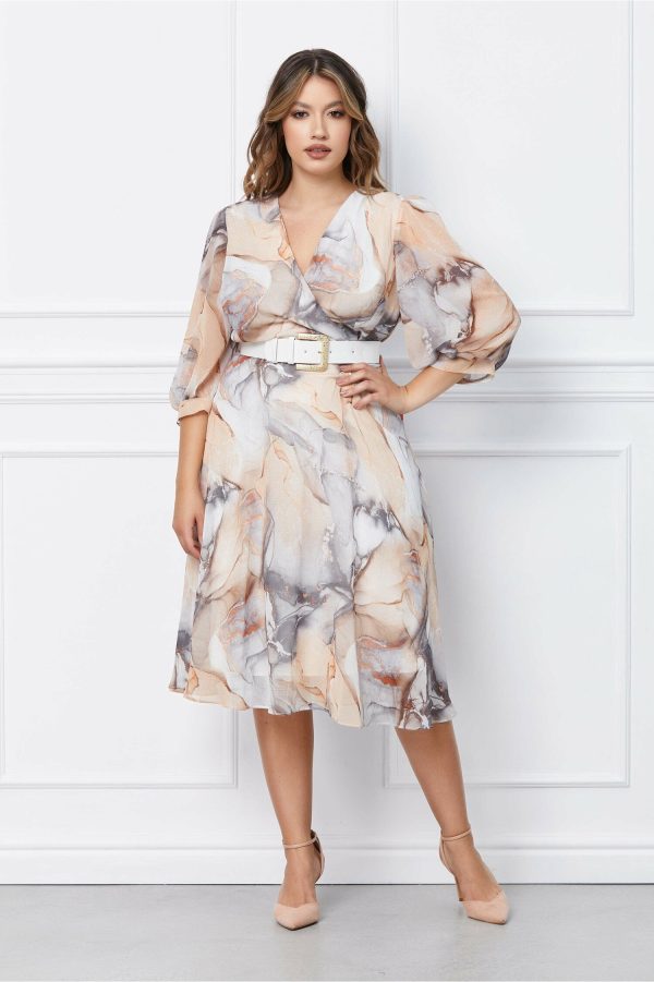 Rochie Sabrina crem cu imprimeuri gri