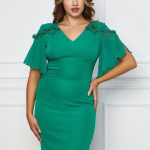 Rochie Samanta verde cu broderie la umeri