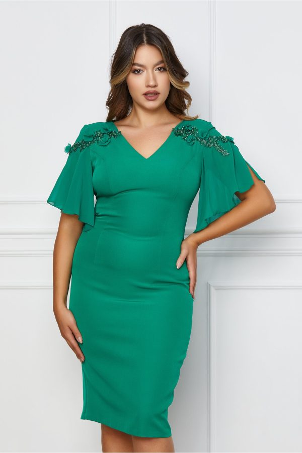 Rochie Samanta verde cu broderie la umeri
