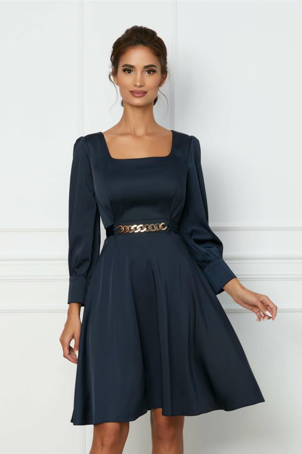 Rochie Samira bleumarin cu aplicatie metalica in talie