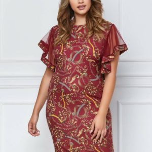 Rochie Samira bordo cu imprimeuri galbene si maneci din tull
