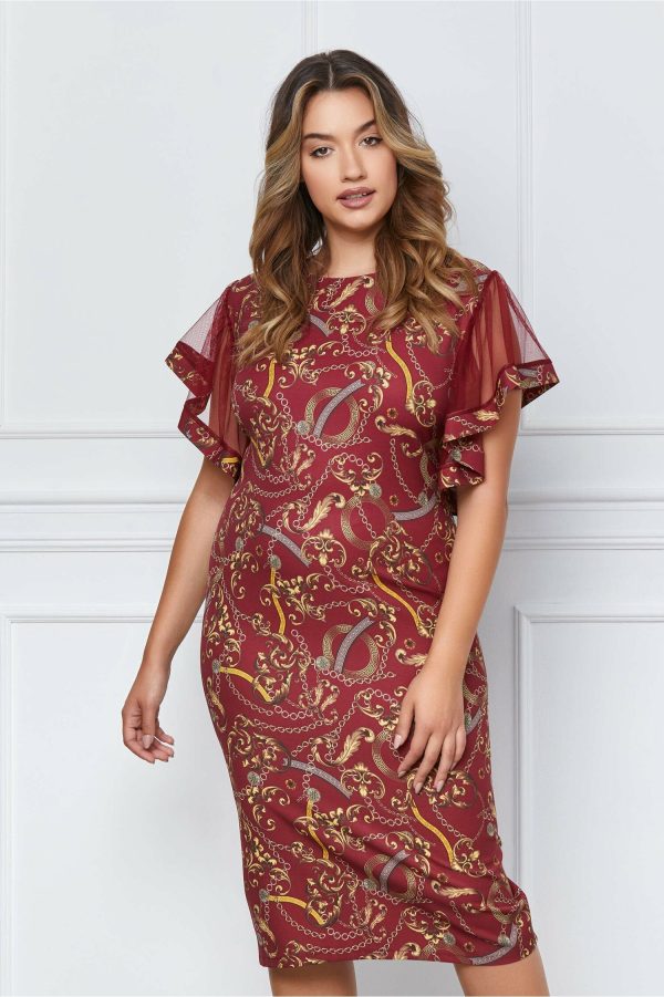 Rochie Samira bordo cu imprimeuri galbene si maneci din tull