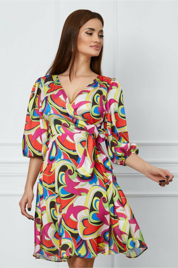 Rochie Samira roz cu imprimeuri multicolore