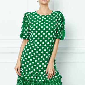 Rochie Samira verde cu buline si volanase