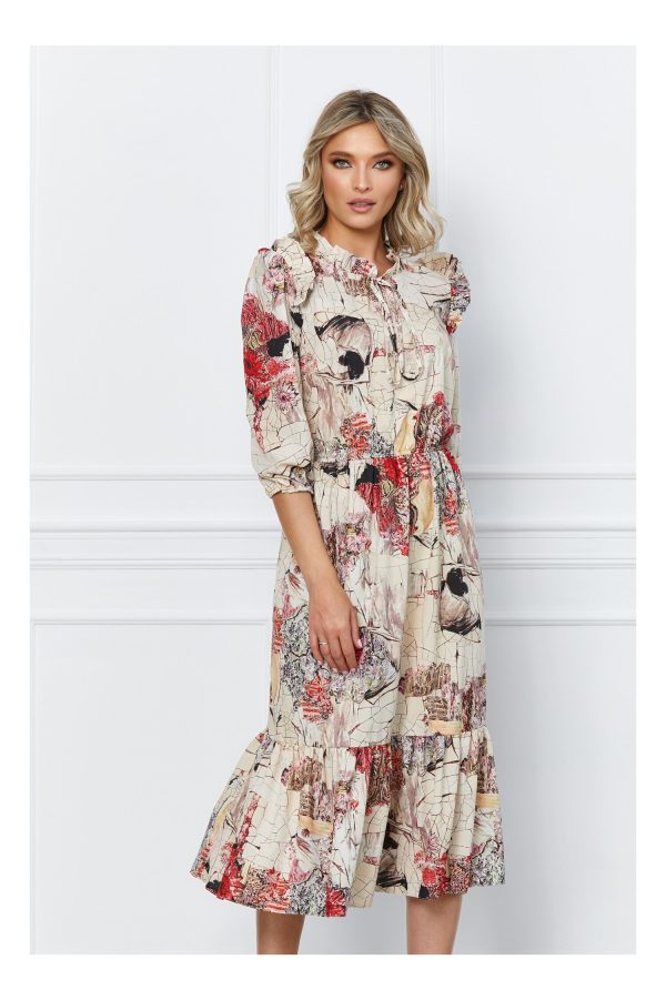 Rochie Sara bej cu imprimeu divers rosu