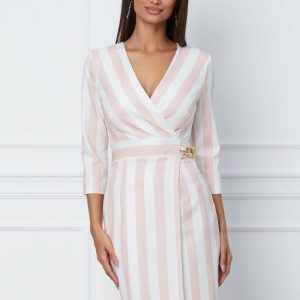 Rochie Sara cu dungi albe-roz si accesoriu in talie