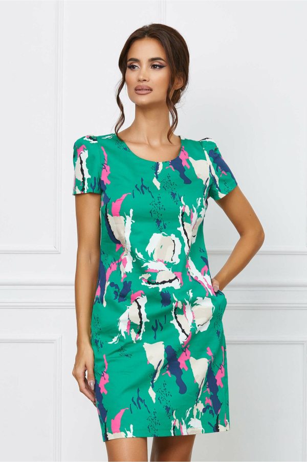 Rochie Selena verde cu imprimeu bej-fuchsia