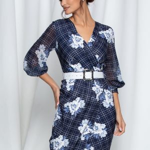 Rochie Sima bleumarin cu carouri si flori