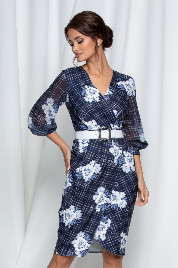 Rochie Sima bleumarin cu carouri si flori