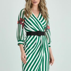 Rochie Sima cu imprimeu in dungi alb-verde si imprimeu floral