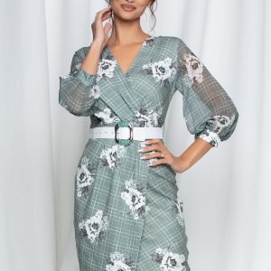 Rochie Sima kaki cu carouri si flori