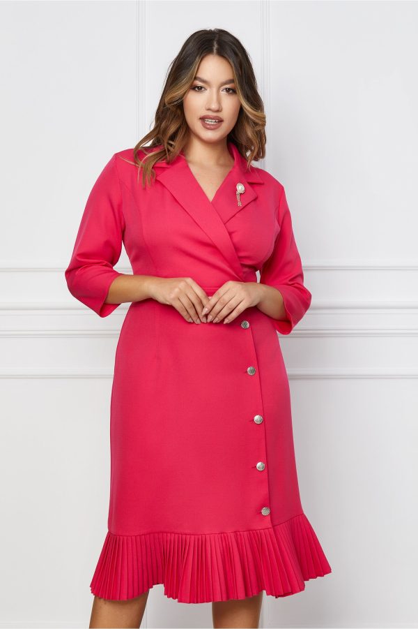 Rochie Simina fucsia cu nasturi pe fusta si volan la baza