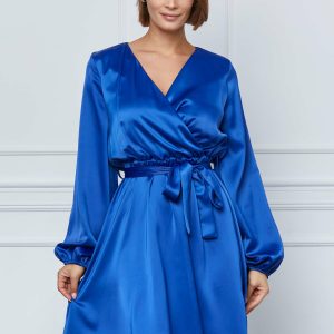 Rochie Simona albastra din satin cu cordon in talie