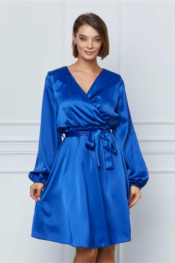 Rochie Simona albastra din satin cu cordon in talie