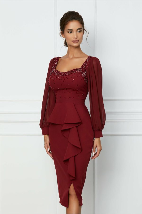 Rochie Simona bordo cu perle la bust si peplum in talie