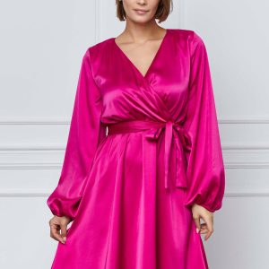 Rochie Simona magenta din satin cu cordon in talie