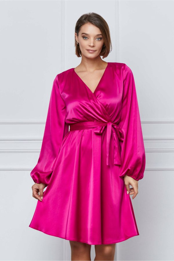 Rochie Simona magenta din satin cu cordon in talie
