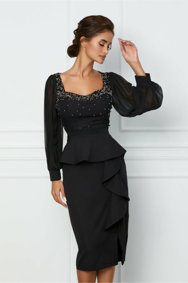 Rochie Simona neagra cu perle la bust si peplum in talie