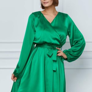 Rochie Simona verde din satin cu cordon in talie