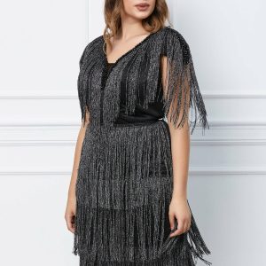 Rochie Sira neagra cu franjuri argintii