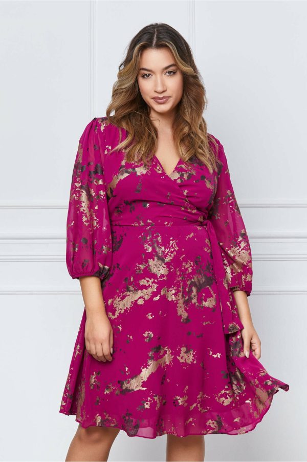 Rochie Sophie magenta cu imprimeuri aurii