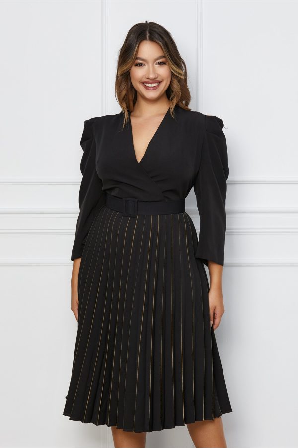 Rochie Sore neagra cu pliuri pe fusta si curea in talie